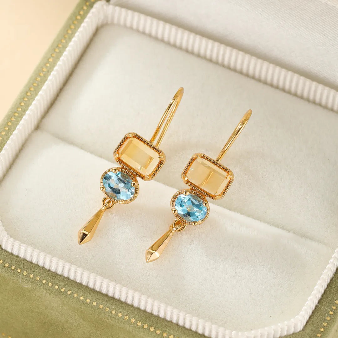 Boucles d'Oreilles Citrine et Topaze "Soleil et Ciel" Argent Doré Or