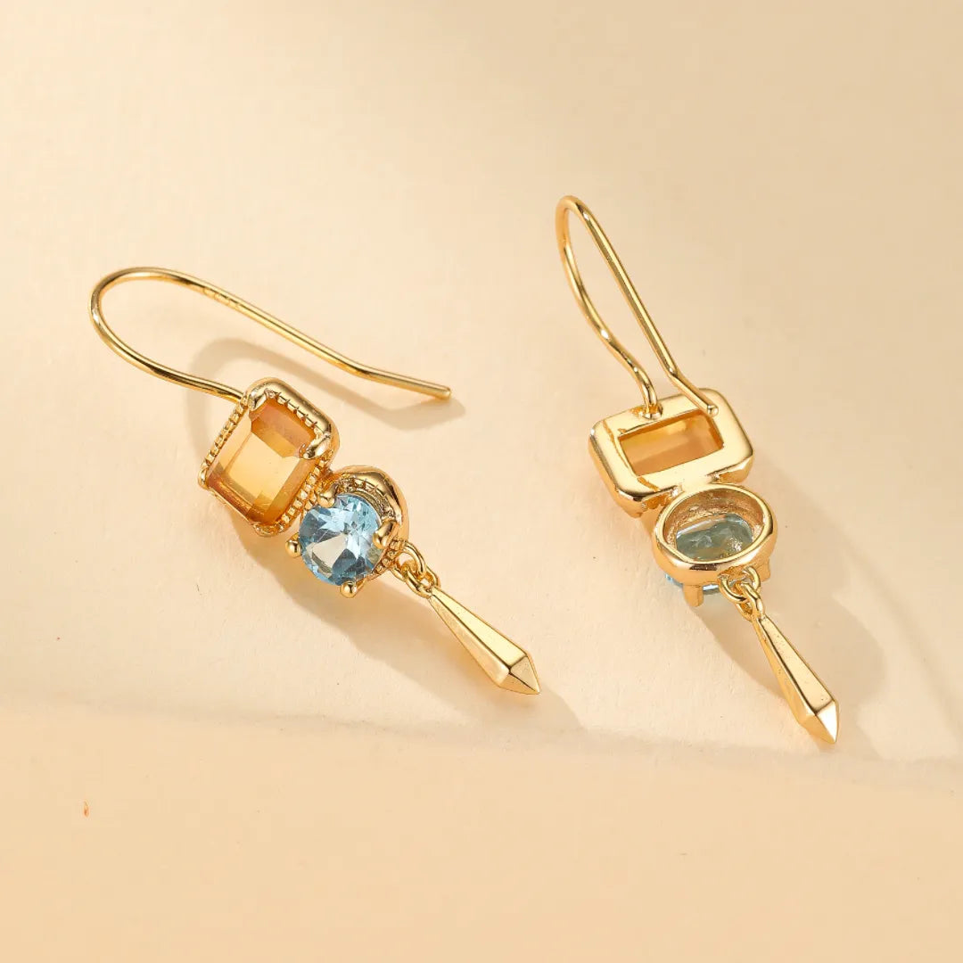 Boucles d'Oreilles Citrine et Topaze "Soleil et Ciel" Argent Doré Or