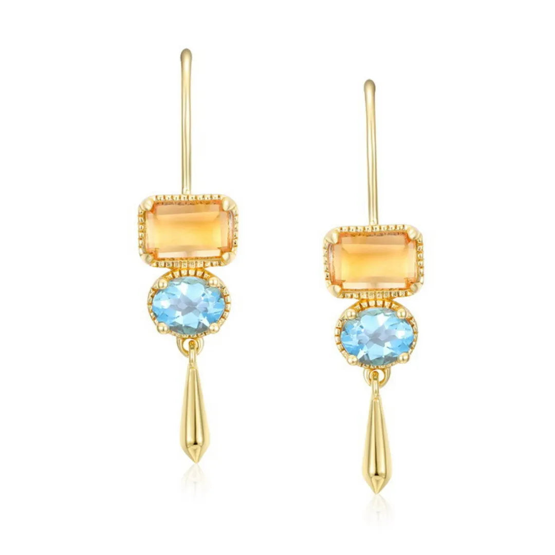 Boucles d'Oreilles Citrine et Topaze "Soleil et Ciel" Argent Doré Or