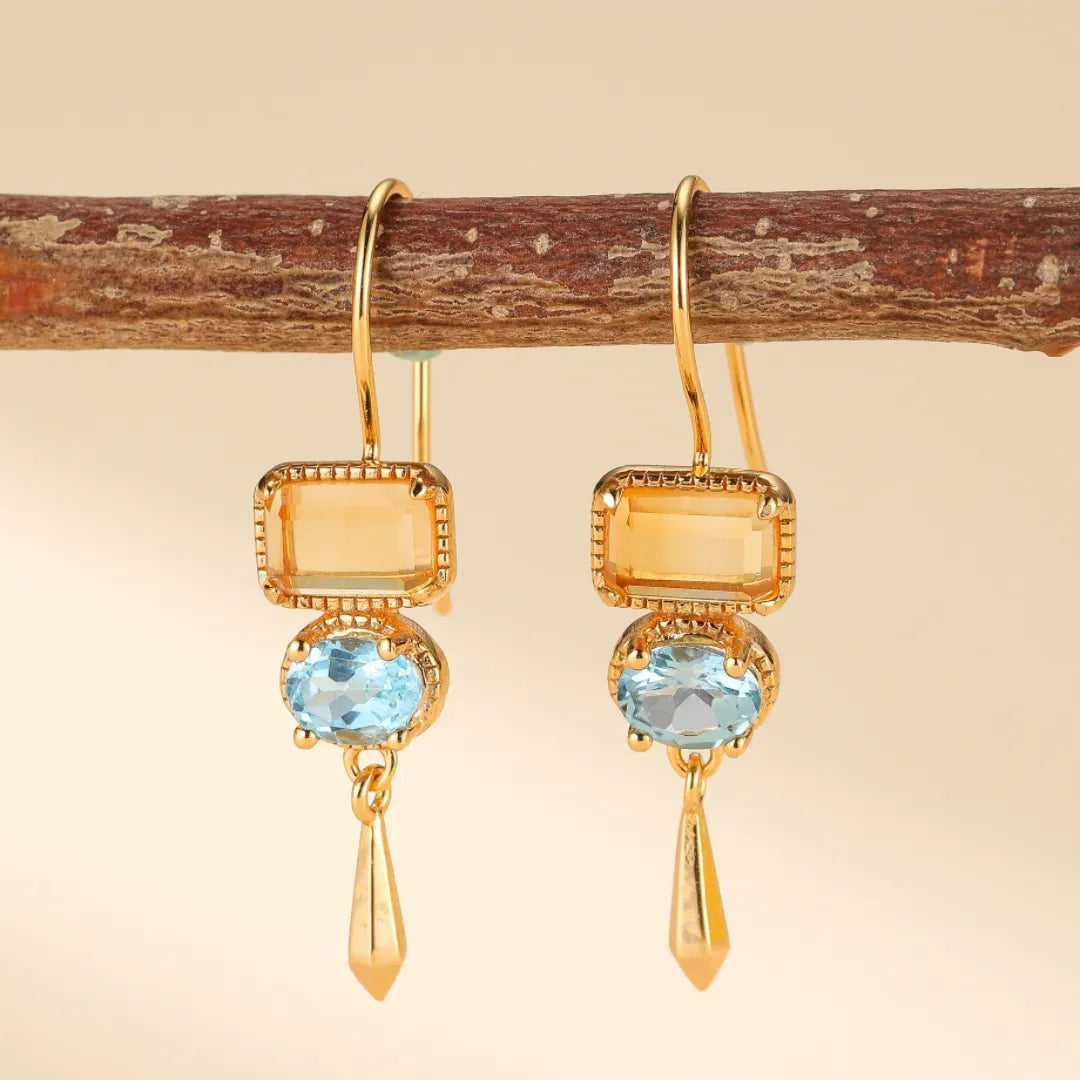 Boucles d'Oreilles Citrine et Topaze "Soleil et Ciel" Argent Doré Or