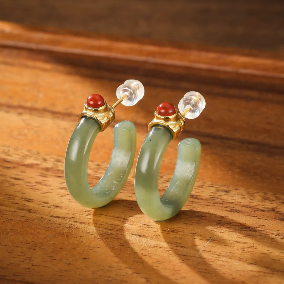 Boucles d'Oreilles Créoles Jade et Agate "Cercle Apaisant" Argent Doré Or
