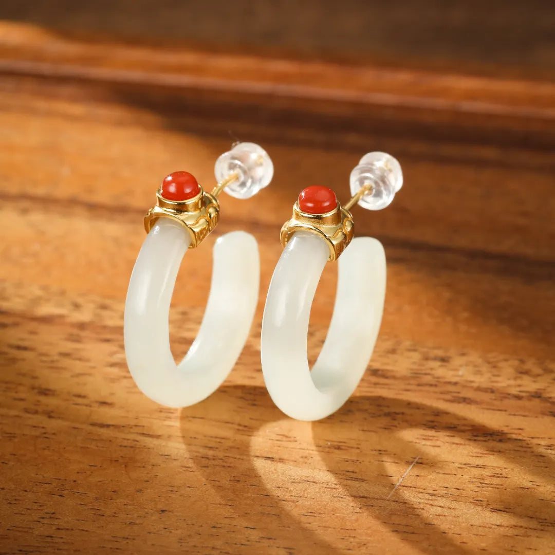 Boucles d'Oreilles Créoles Jade et Agate "Cercle Apaisant" Argent Doré Or