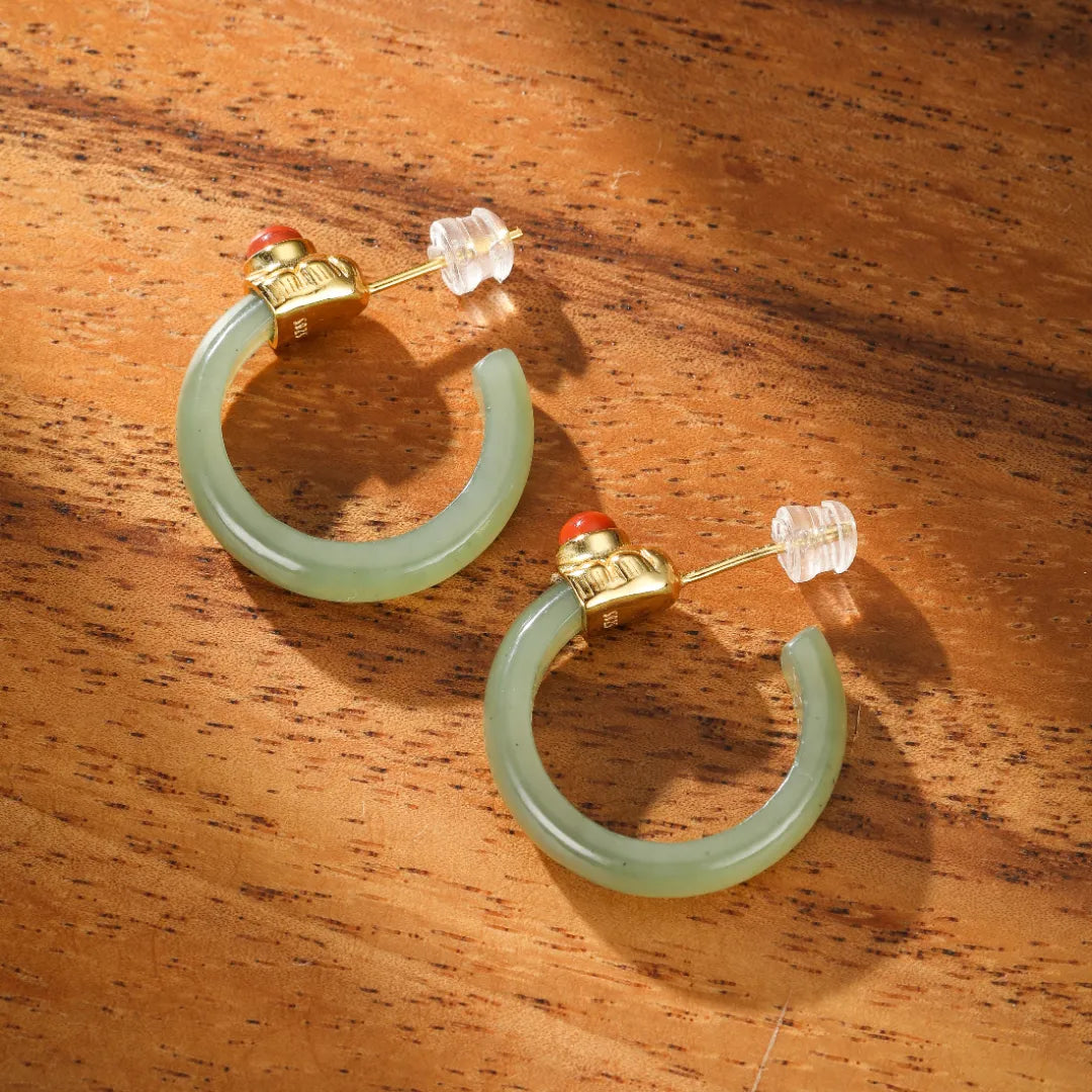 Boucles d'Oreilles Créoles Jade et Agate "Cercle Apaisant" Argent Doré Or
