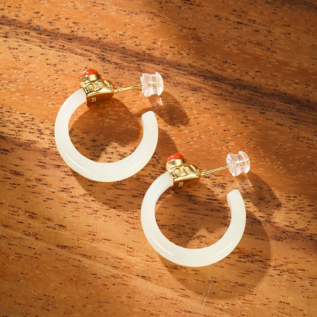 Boucles d'Oreilles Créoles Jade et Agate "Cercle Apaisant" Argent Doré Or