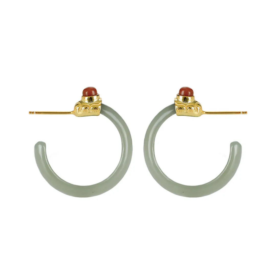 Boucles d'Oreilles Créoles Jade et Agate "Cercle Apaisant" Argent Doré Or