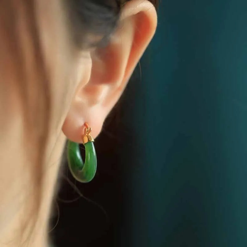 Boucles d'Oreilles Créoles Jade "Précieuse" Argent Doré Or