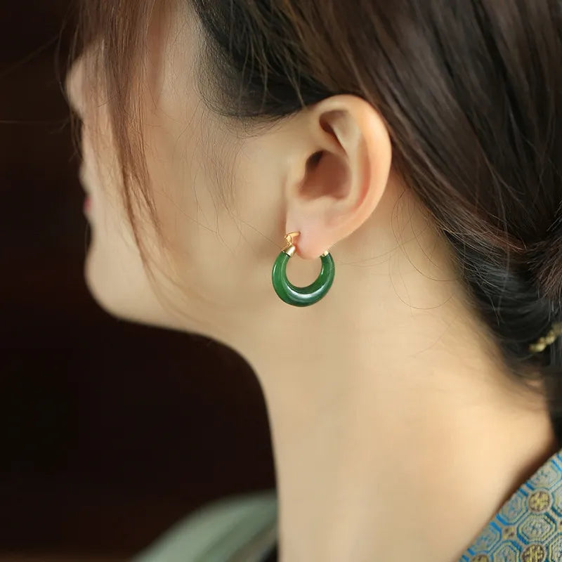 Boucles d'Oreilles Créoles Jade "Précieuse" Argent Doré Or