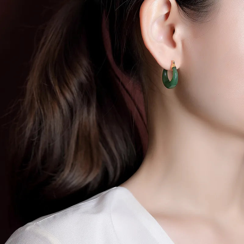 Boucles d'Oreilles Créoles Jade "Précieuse" Argent Doré Or