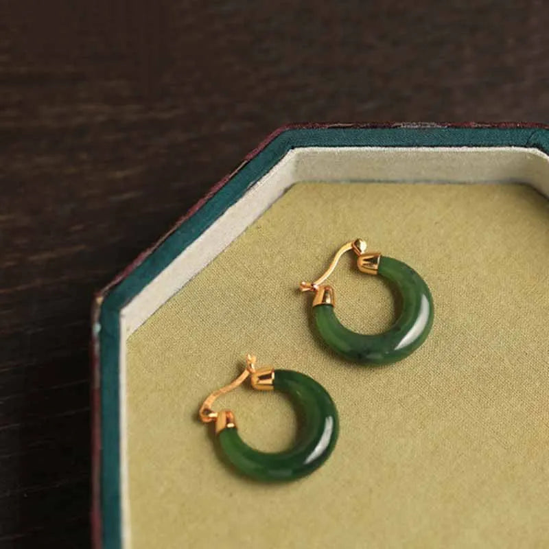 Boucles d'Oreilles Créoles Jade "Précieuse" Argent Doré Or