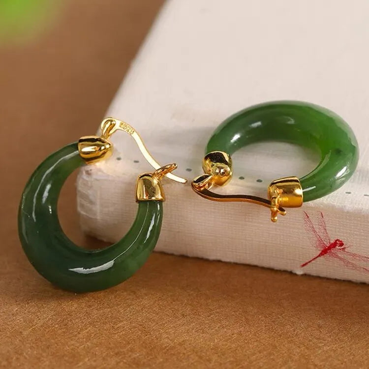 Boucles d'Oreilles Créoles Jade "Précieuse" Argent Doré Or
