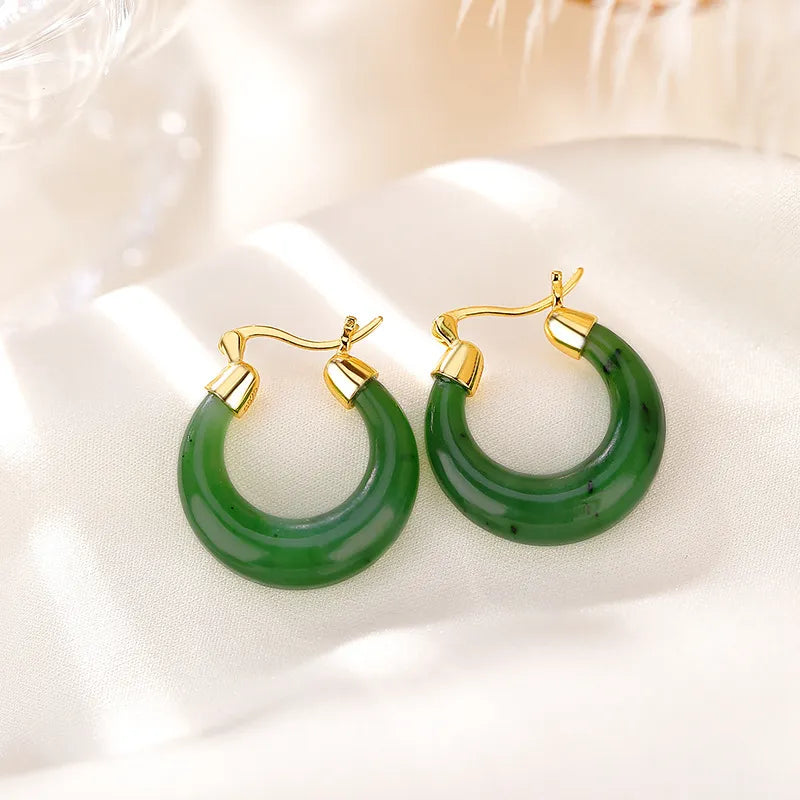 Boucles d'Oreilles Créoles Jade "Précieuse" Argent Doré Or