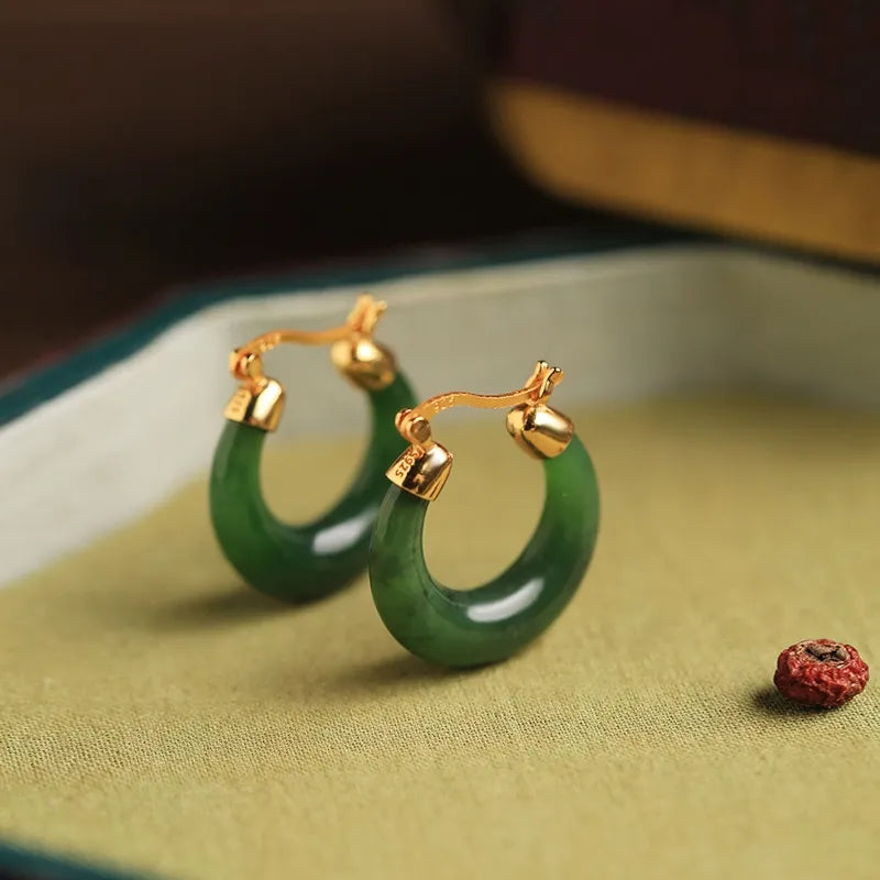 Boucles d'Oreilles Créoles Jade "Précieuse" Argent Doré Or
