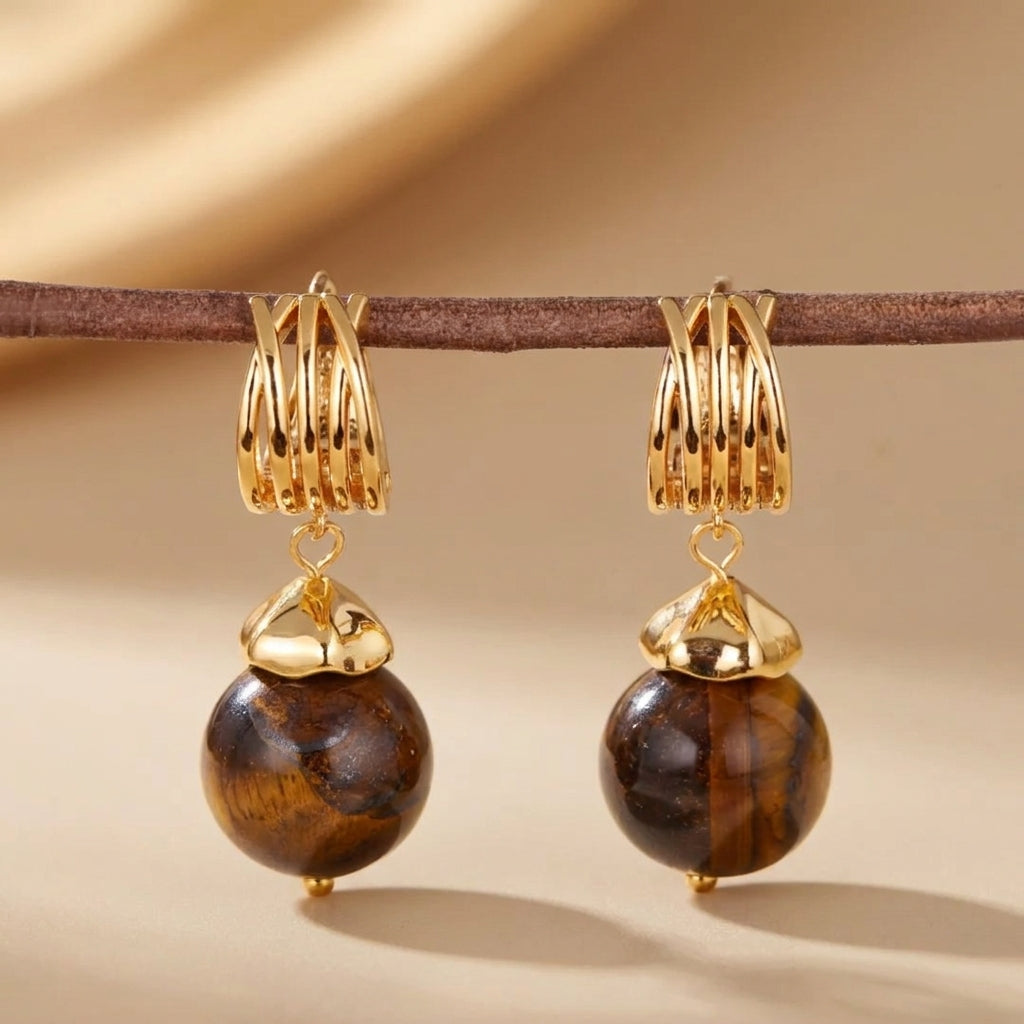 Boucles d'Oreille Œil de Tigre "Éclipse Dorée" Doré Or @main