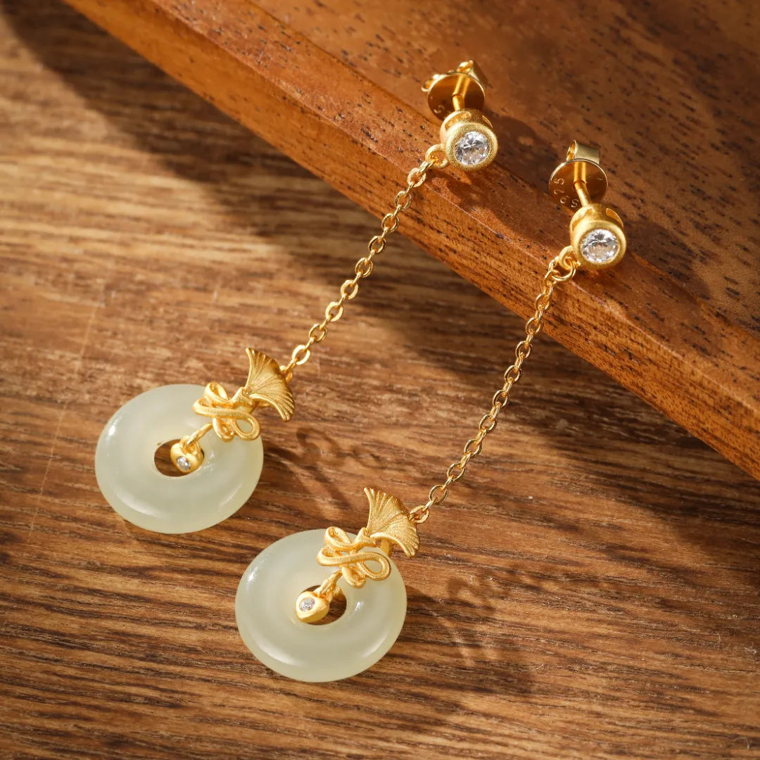 Ginkgo White Jade Earrings "Dance of Eternity" Gold-Plated Silver