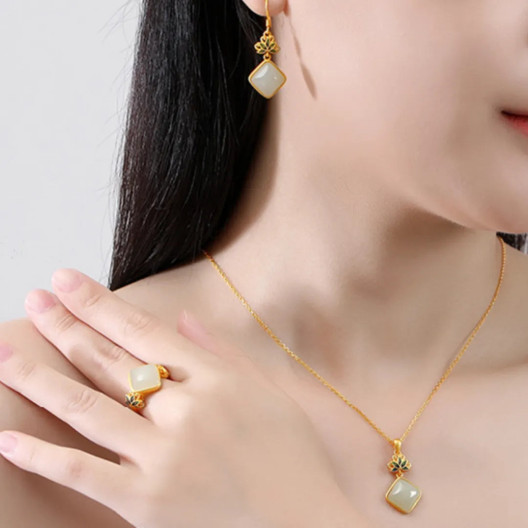 White Jade Earrings "Celestial Lotus" Gold-Plated Silver