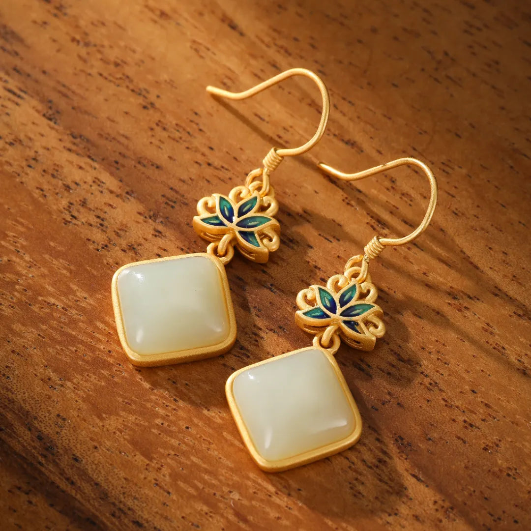 Pendientes Jade Blanco "Loto Celestial" Plata Dorada Oro