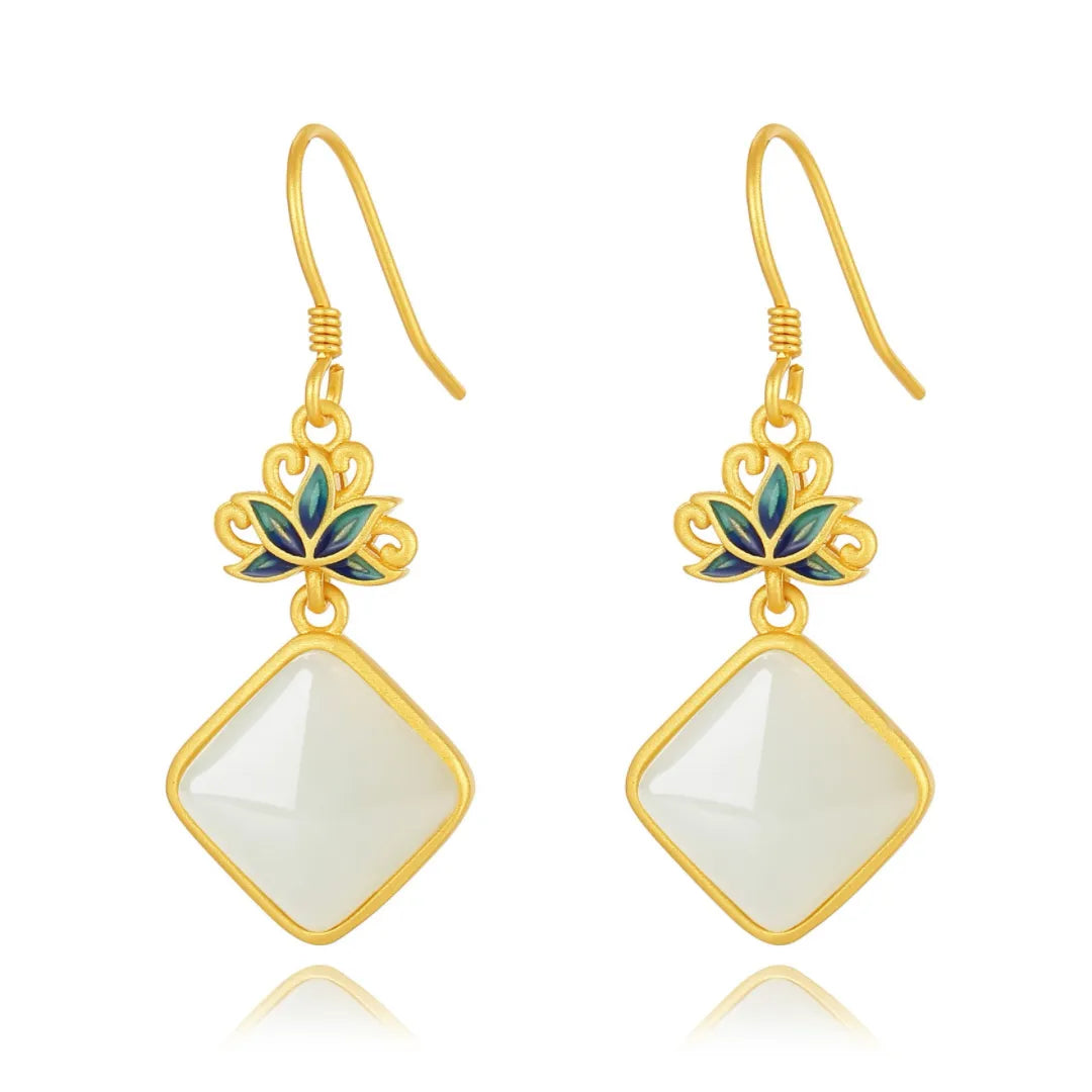 Pendientes Jade Blanco "Loto Celestial" Plata Dorada Oro