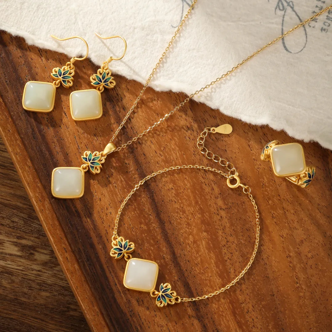 Pendientes Jade Blanco "Loto Celestial" Plata Dorada Oro