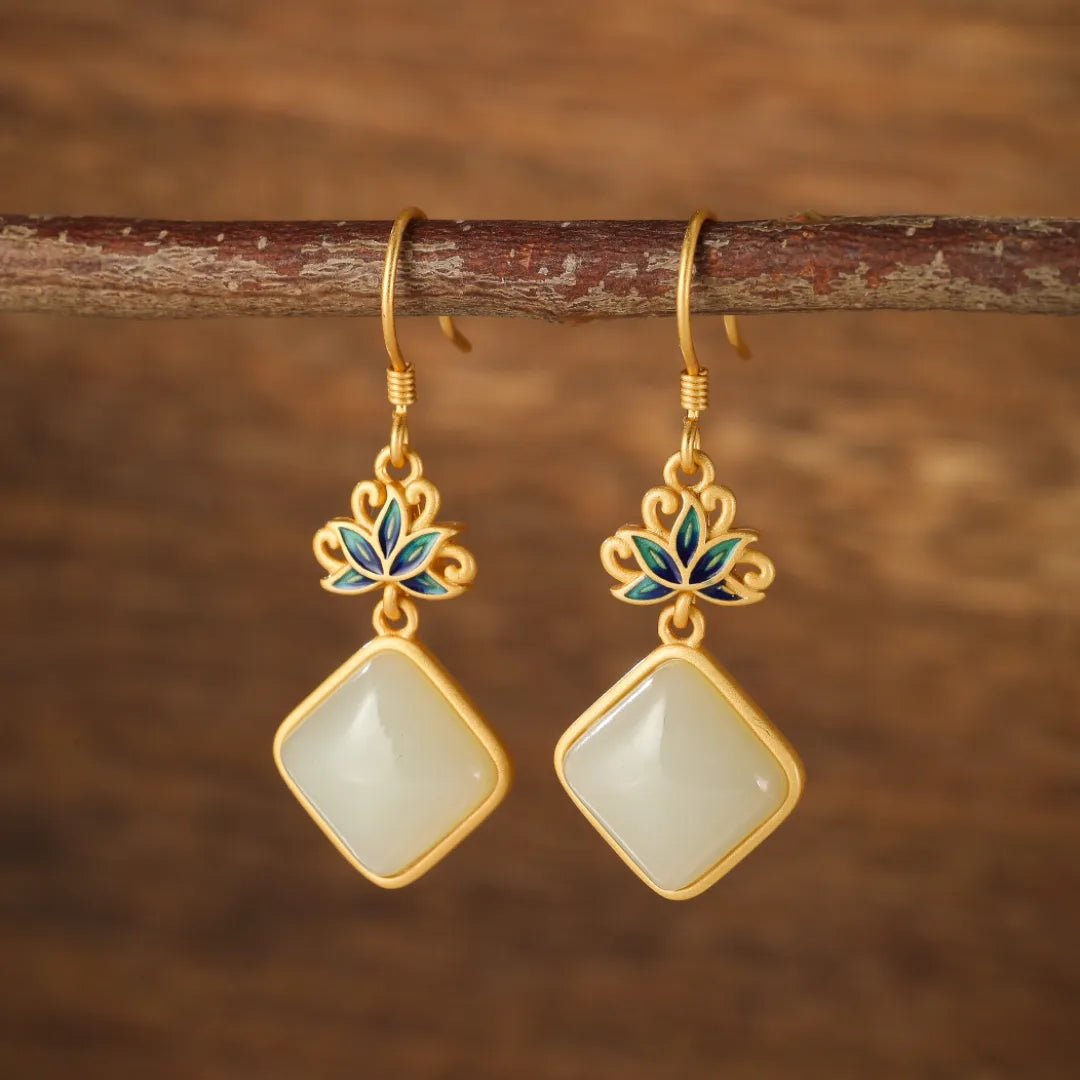 White Jade Earrings "Celestial Lotus" Gold-Plated Silver