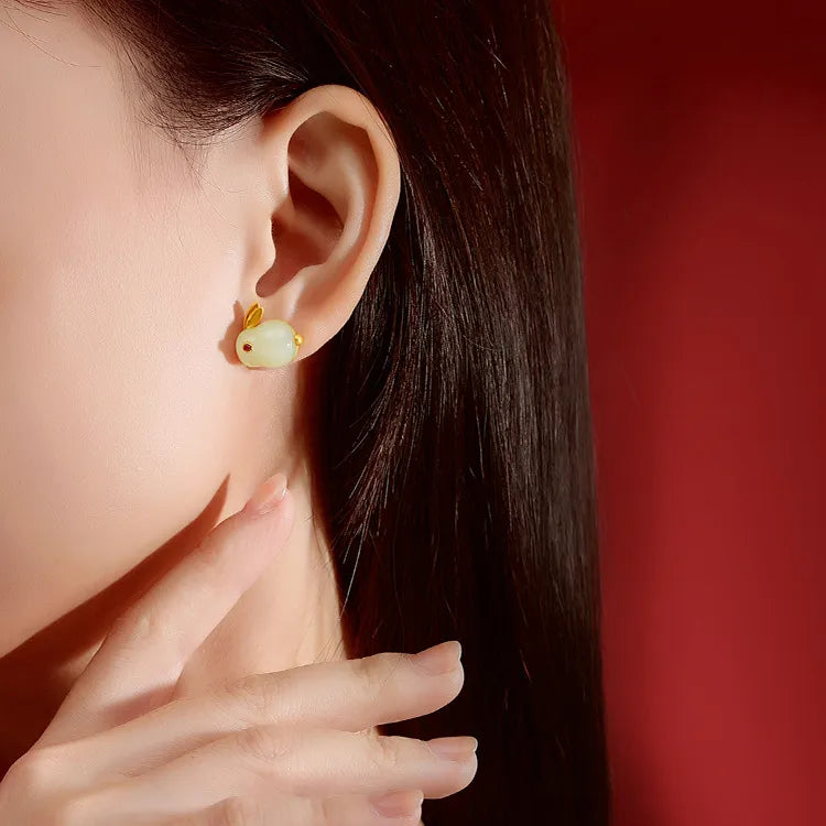 Boucles d'Oreilles Jade "Lapin Doux" Argent Doré Or