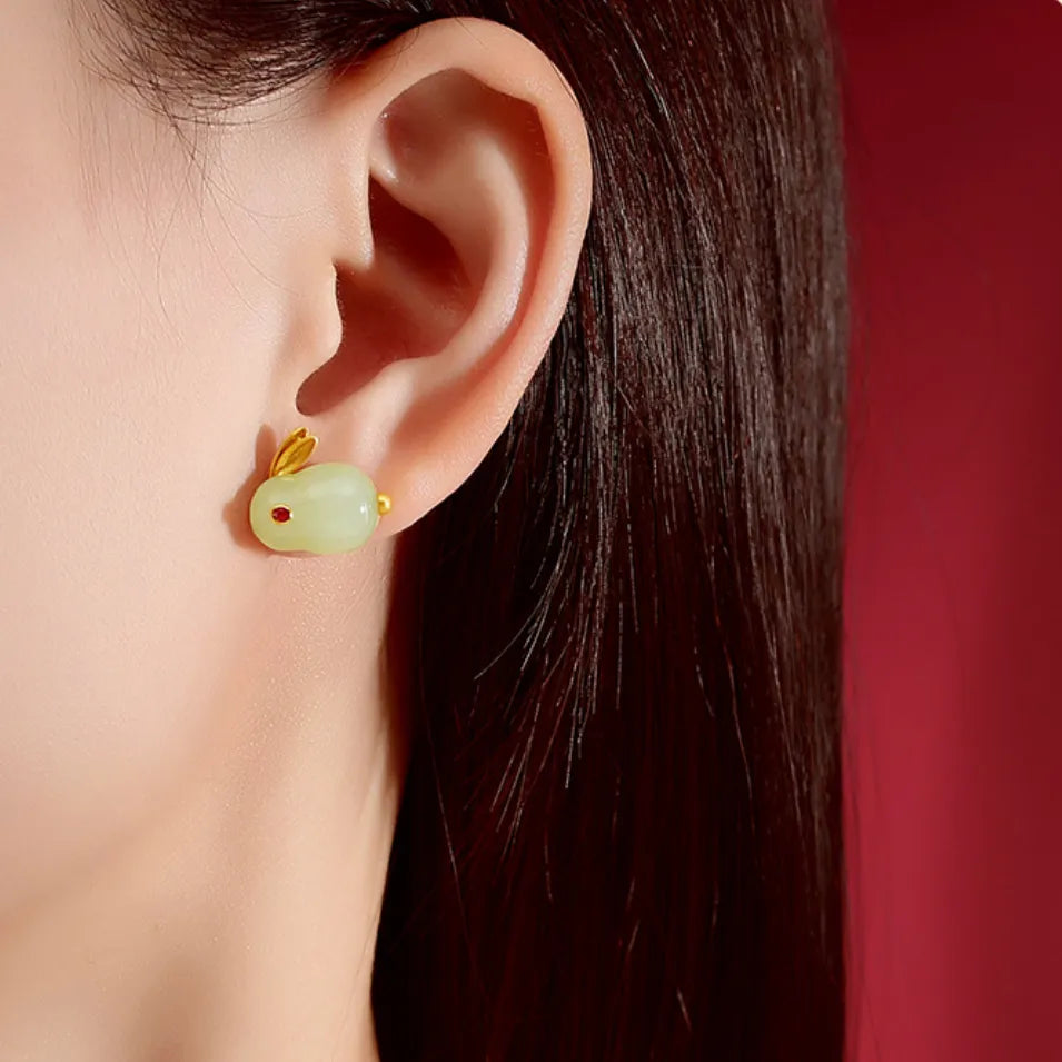 Boucles d'Oreilles Jade "Lapin Doux" Argent Doré Or