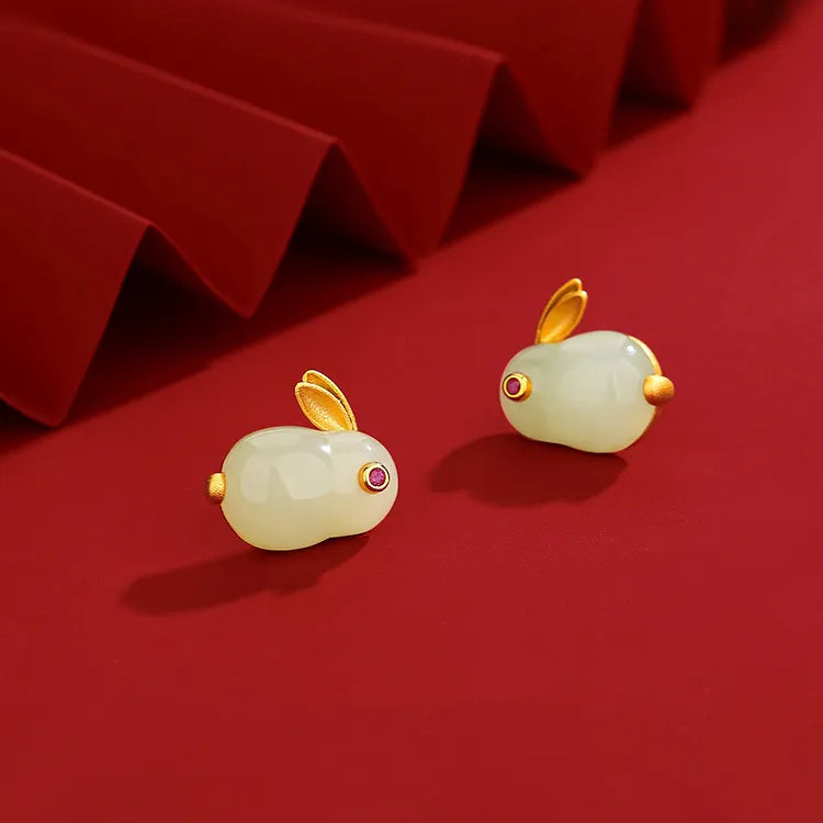 Boucles d'Oreilles Jade "Lapin Doux" Argent Doré Or