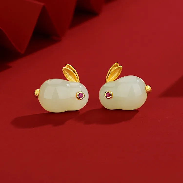 Boucles d'Oreilles Jade "Lapin Doux" Argent Doré Or