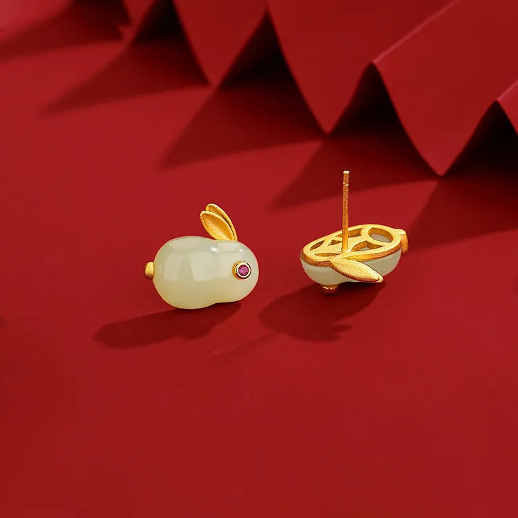 Boucles d'Oreilles Jade "Lapin Doux" Argent Doré Or