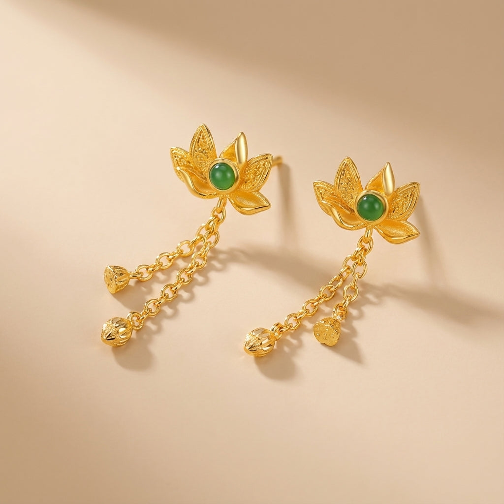 Boucles d'Oreilles Jade Lotus "Lotus d'Or" Argent Doré Or