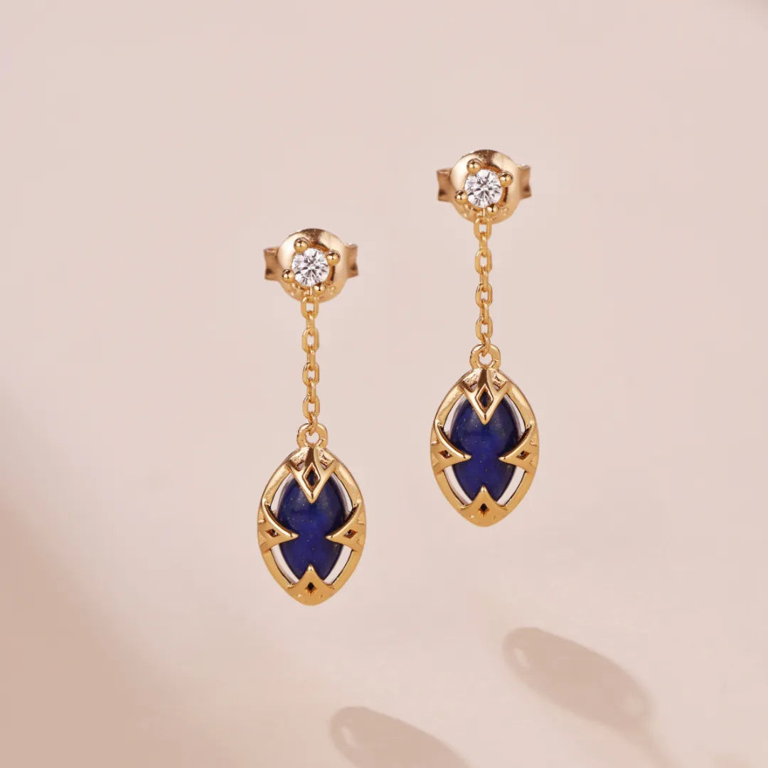 Boucles d'Oreilles Lapis Lazuli et Quartz Clair "Sérénité Marine" Argent Doré Or