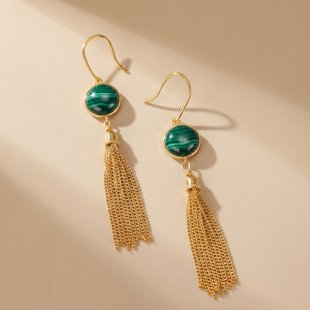 Boucles d’Oreilles Malachite ''Cascade d'Or'' Argent Plaqué Or @main