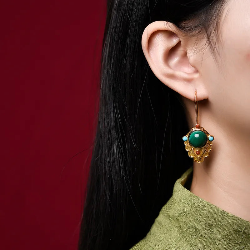 Boucles d'Oreilles Malachite "Feuille d'Or" Argent Doré Or
