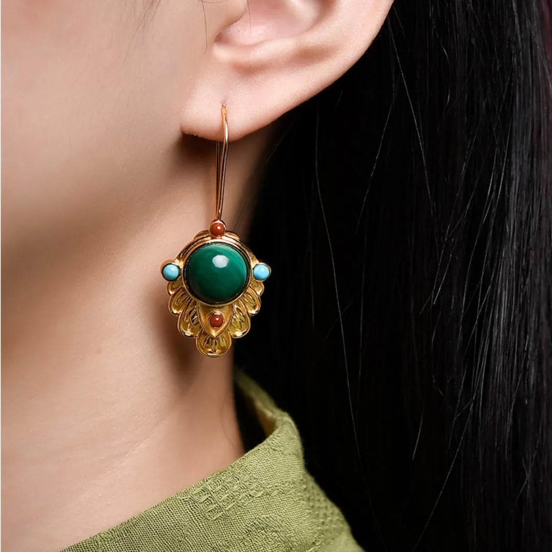 Boucles d'Oreilles Malachite "Feuille d'Or" Argent Doré Or