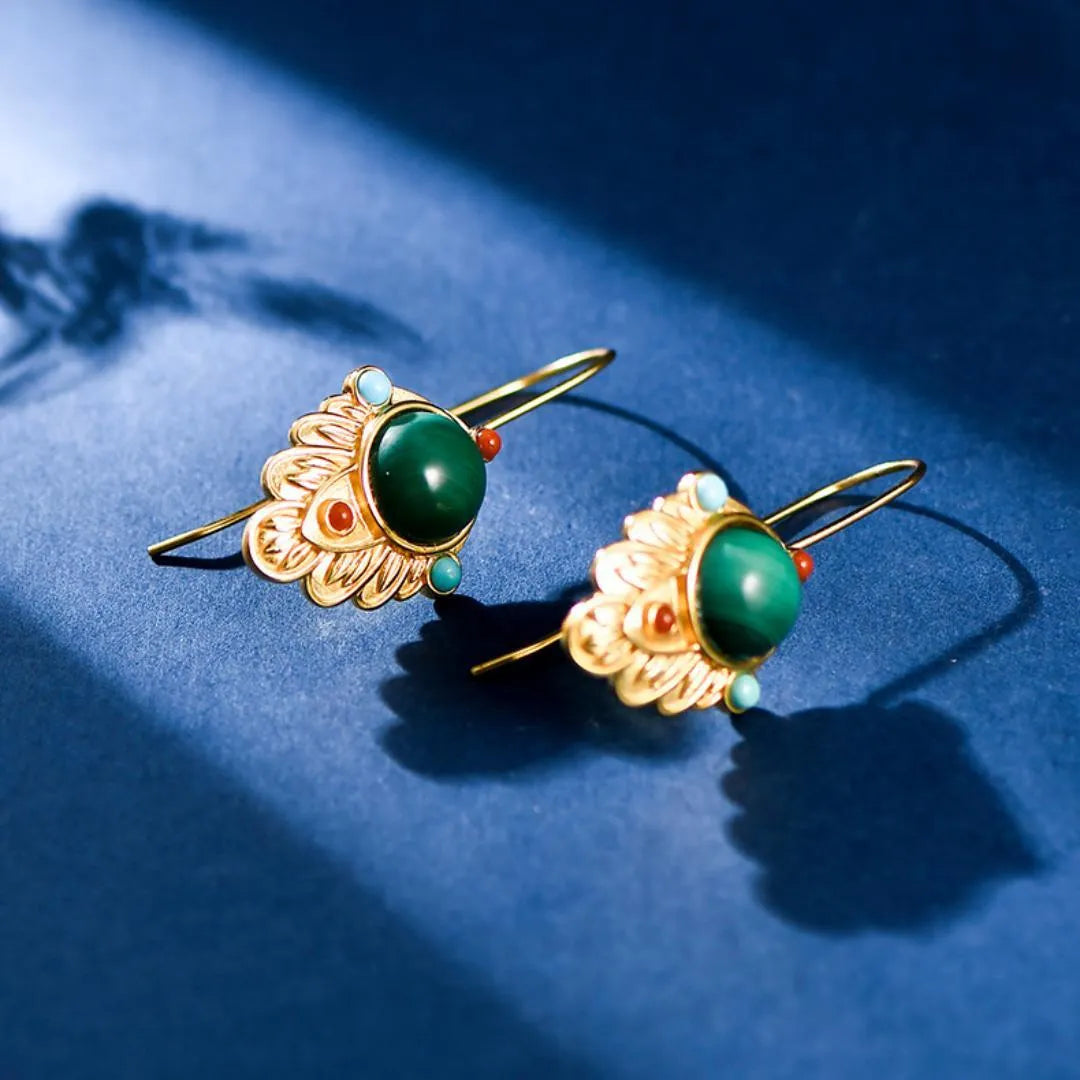 Boucles d'Oreilles Malachite "Feuille d'Or" Argent Doré Or