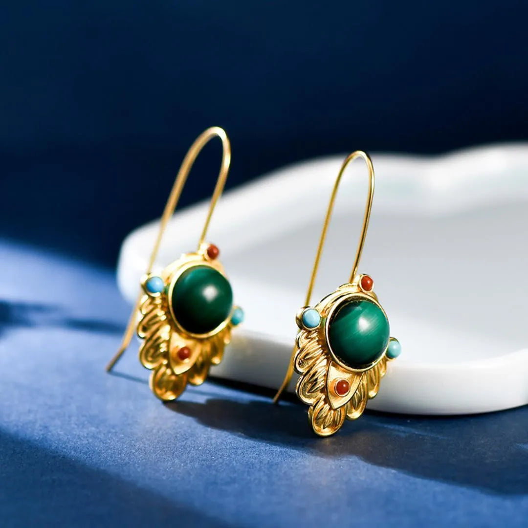 Boucles d'Oreilles Malachite "Feuille d'Or" Argent Doré Or