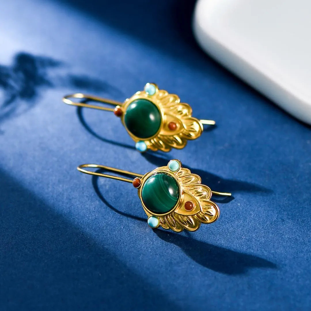 Boucles d'Oreilles Malachite "Feuille d'Or" Argent Doré Or