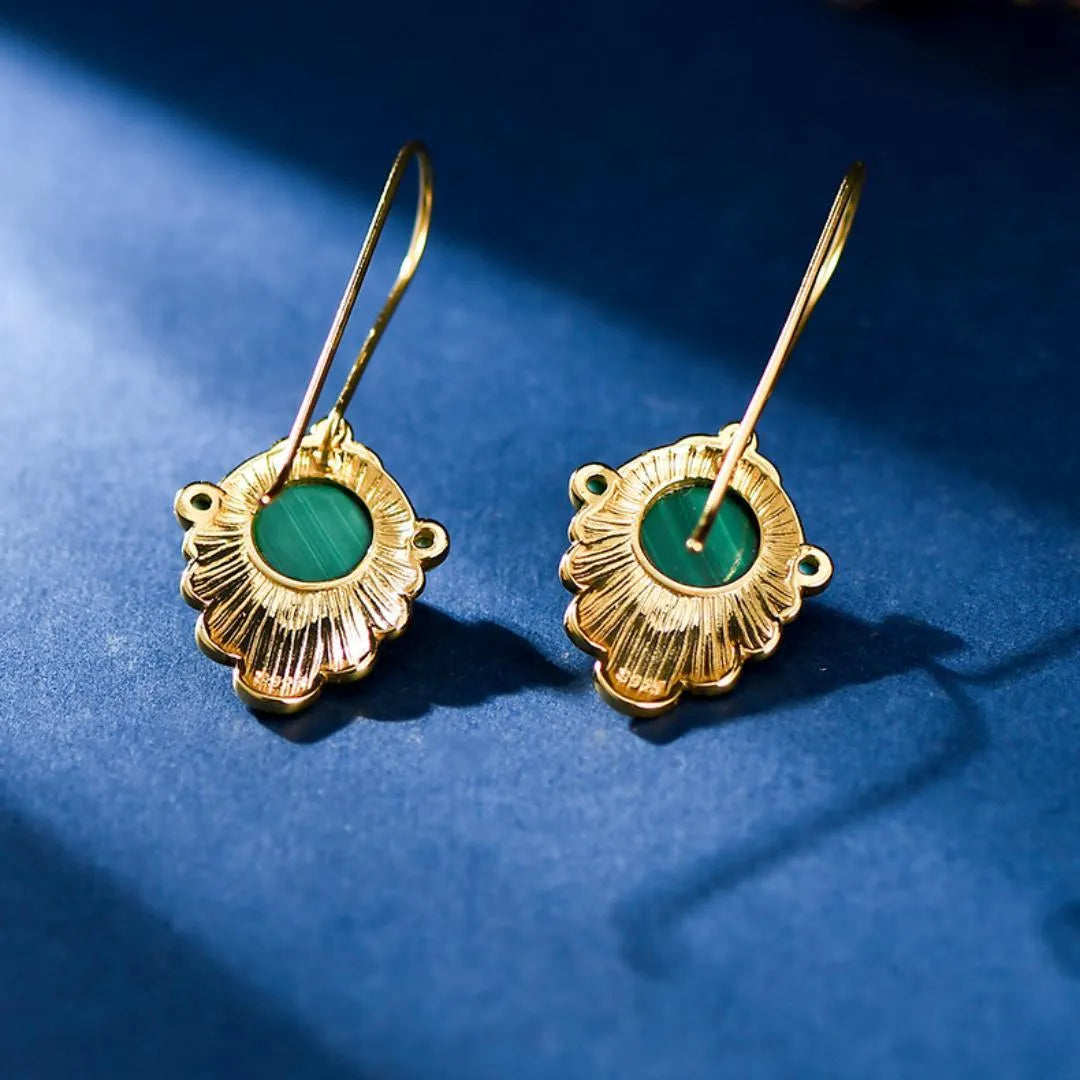 Boucles d'Oreilles Malachite "Feuille d'Or" Argent Doré Or