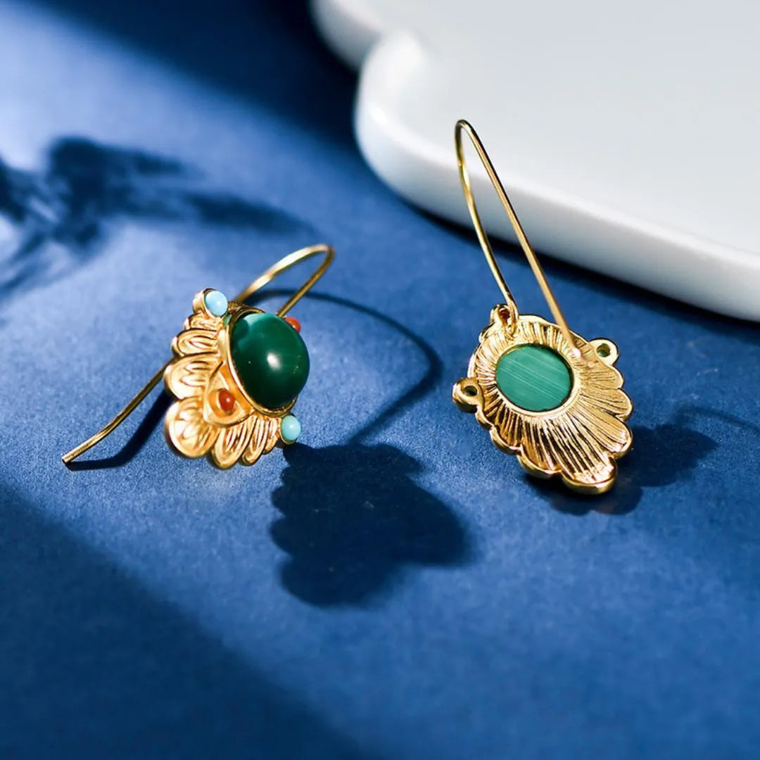 Boucles d'Oreilles Malachite "Feuille d'Or" Argent Doré Or
