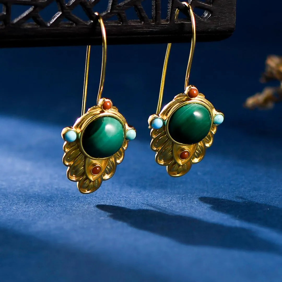 Boucles d'Oreilles Malachite "Feuille d'Or" Argent Doré Or