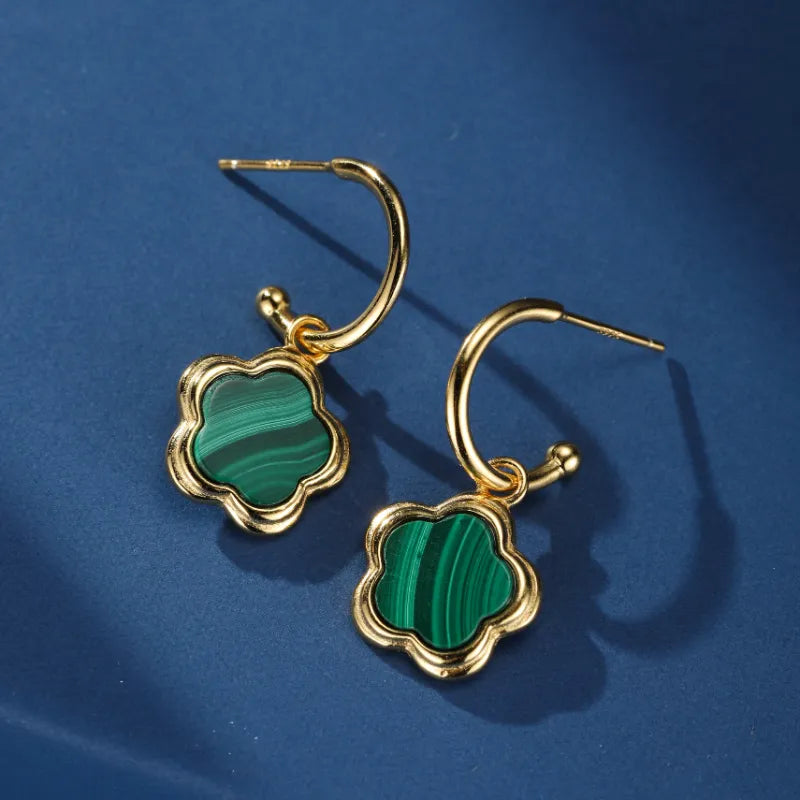 Boucles d’Oreilles Malachite "Fleur de Grâce" Argent Plaqué Or