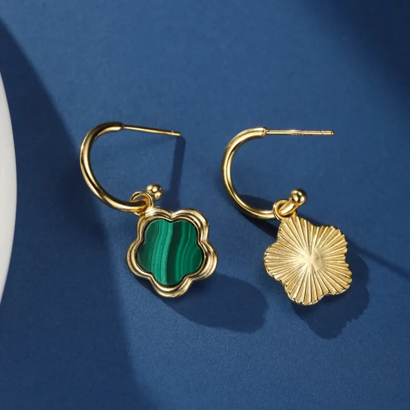Boucles d’Oreilles Malachite "Fleur de Grâce" Argent Plaqué Or