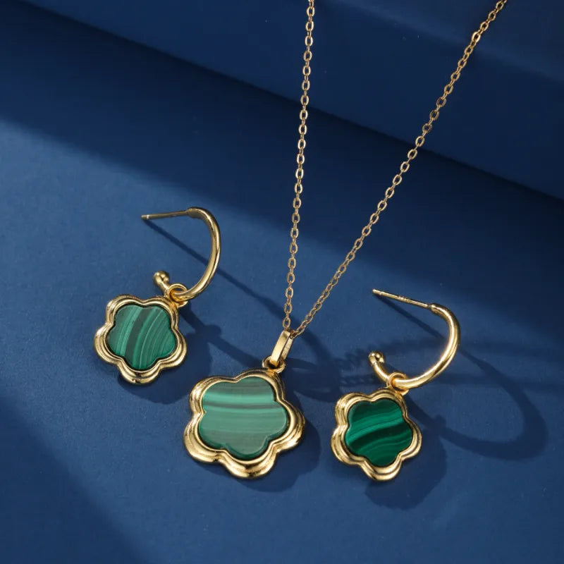 Boucles d’Oreilles Malachite "Fleur de Grâce" Argent Plaqué Or