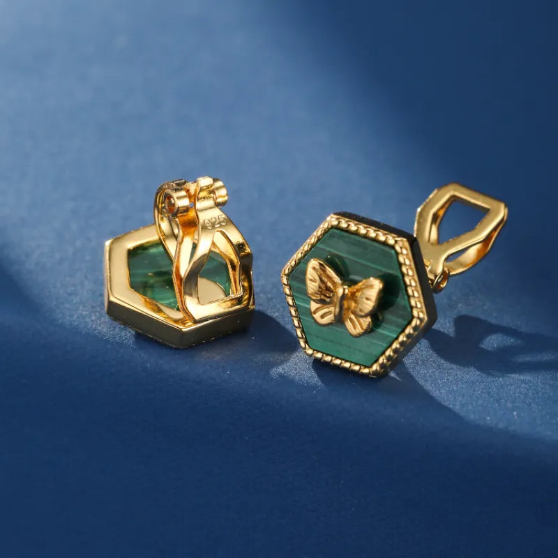 Boucles d'Oreilles Malachite "Gardienne Verte" Argent Plaqué Or