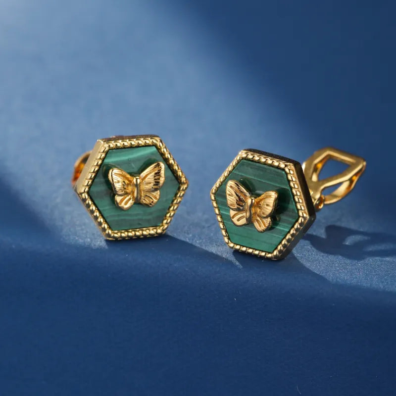 Boucles d'Oreilles Malachite "Gardienne Verte" Argent Plaqué Or