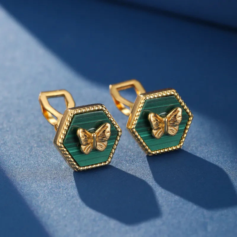 Boucles d'Oreilles Malachite "Gardienne Verte" Argent Plaqué Or