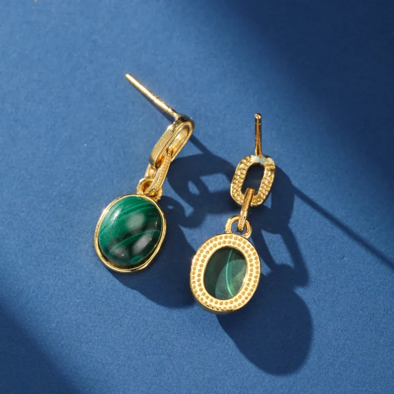 Boucles d’Oreilles Malachite ''Harmonie Dorée'' Argent Plaqué Or