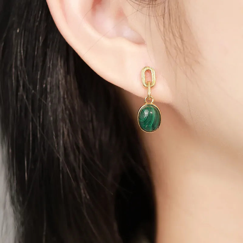Boucles d’Oreilles Malachite ''Harmonie Dorée'' Argent Plaqué Or