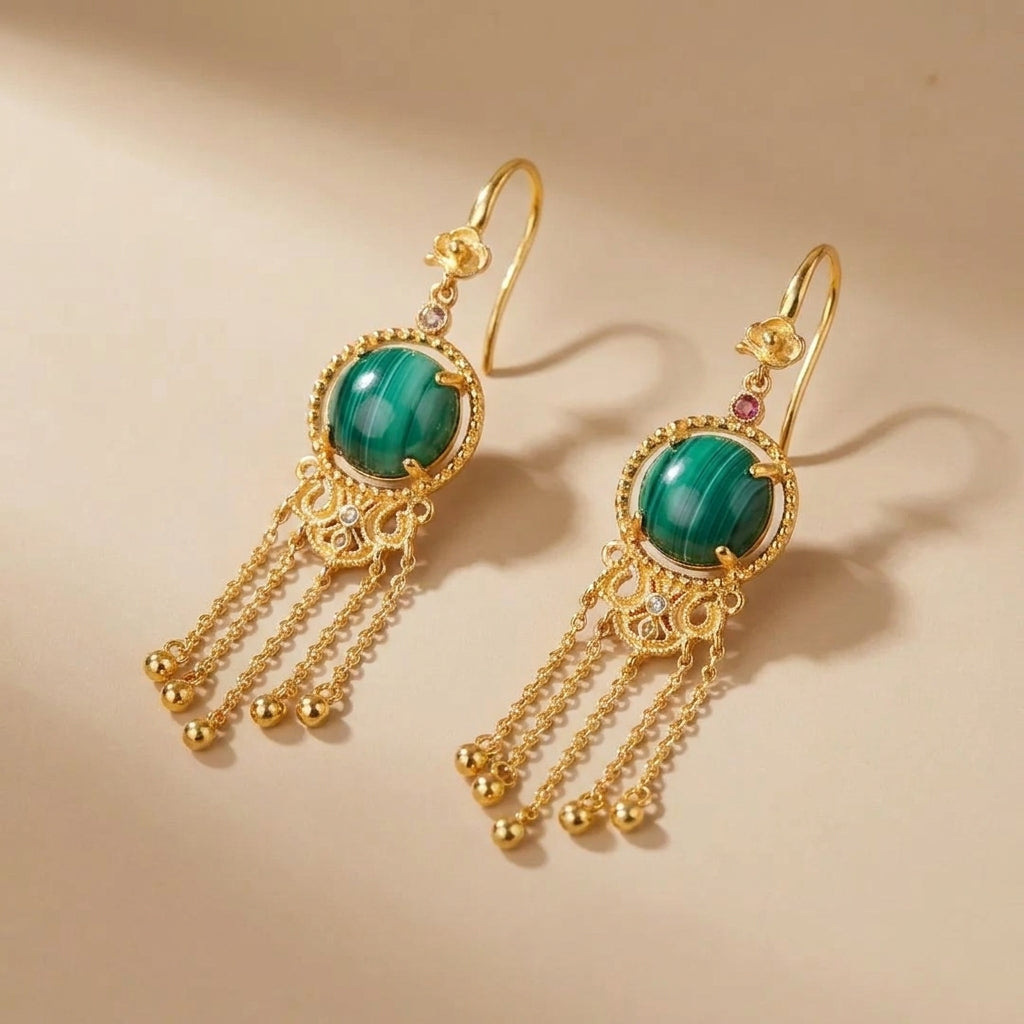 Boucles d'Oreilles Malachite "Nuage d'Or" Argent @main