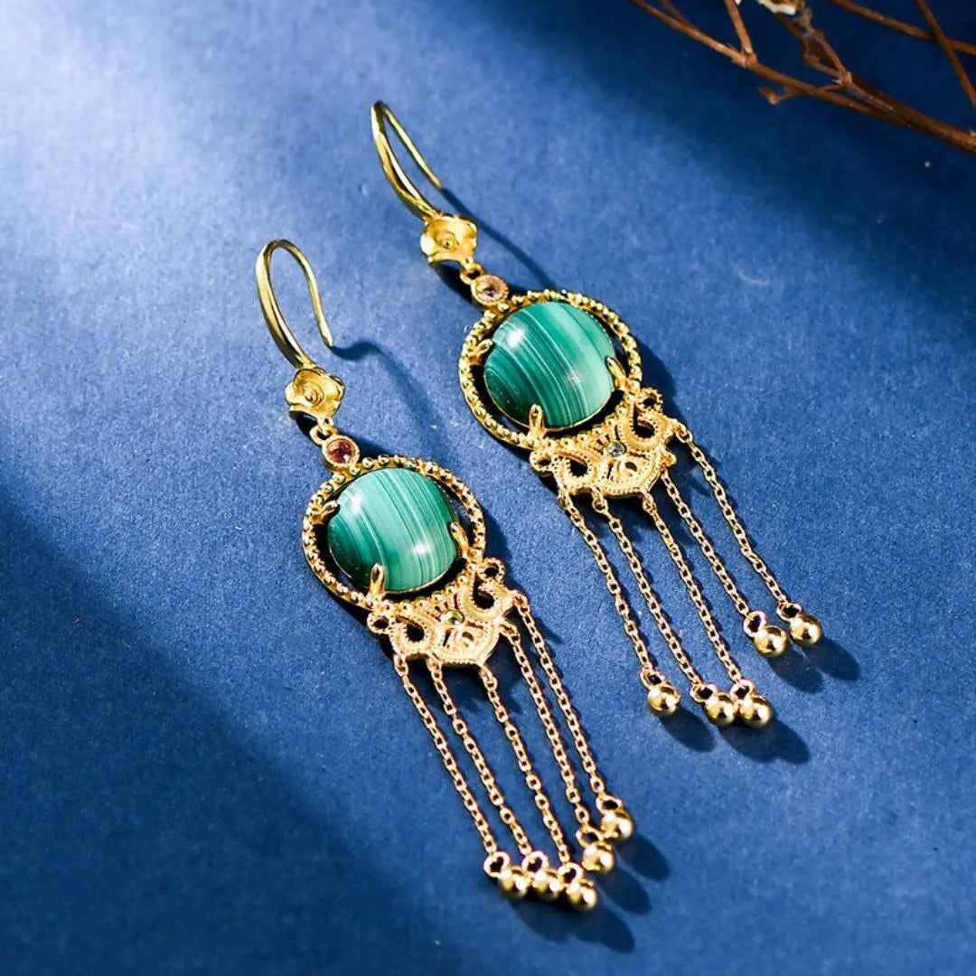 Boucles d'Oreilles Malachite "Nuage d'Or" Argent