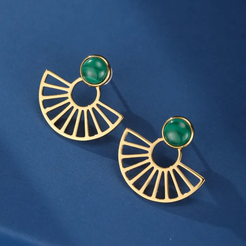 Boucles d’Oreilles Malachite "Rayons d'Or" Argent Plaqué Or
